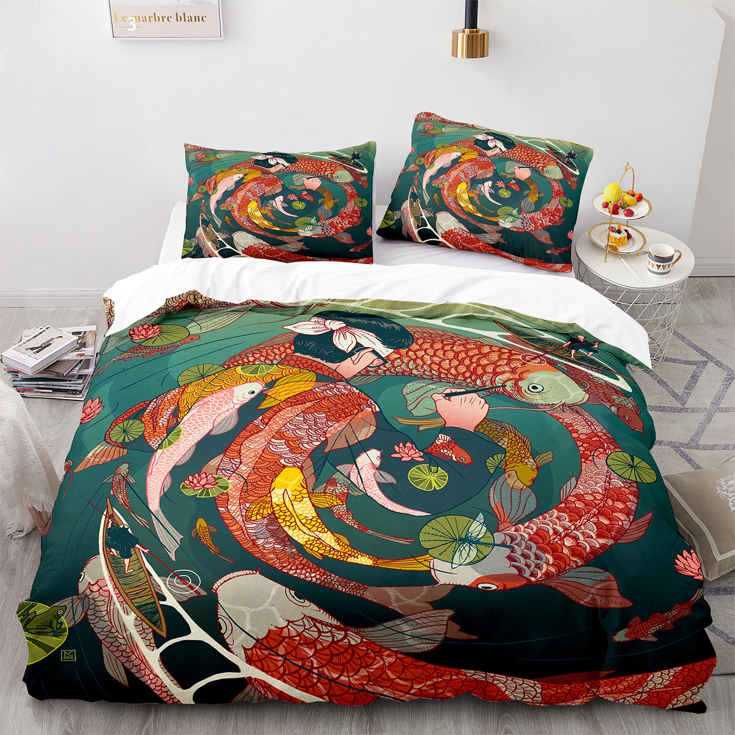 Golden Koi Fish Ukiyo-e Comforter Set - Fade-Resistant Printing