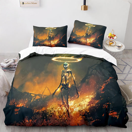 Gothic Skull Bedding Set 4-Piece – Black Horror Print Duvet & Sheet for Queen