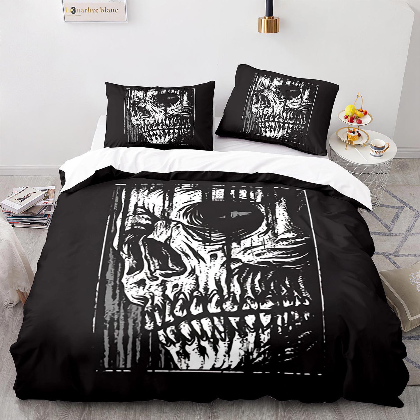 Skull Demon Bedding Set - Hellspawn Bone Pattern 4-Piece Gothic Duvet Cover