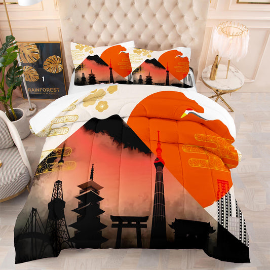 Japanese Style Tokyo Fuji Print Comforter Set