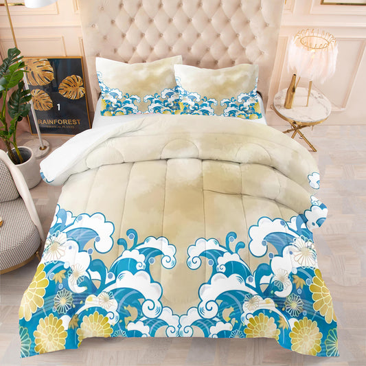 Japanese Style Waves Print Comforter Set