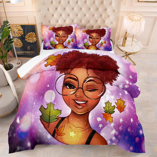 Red head black girl wearing glasses comforter and bedsheet set