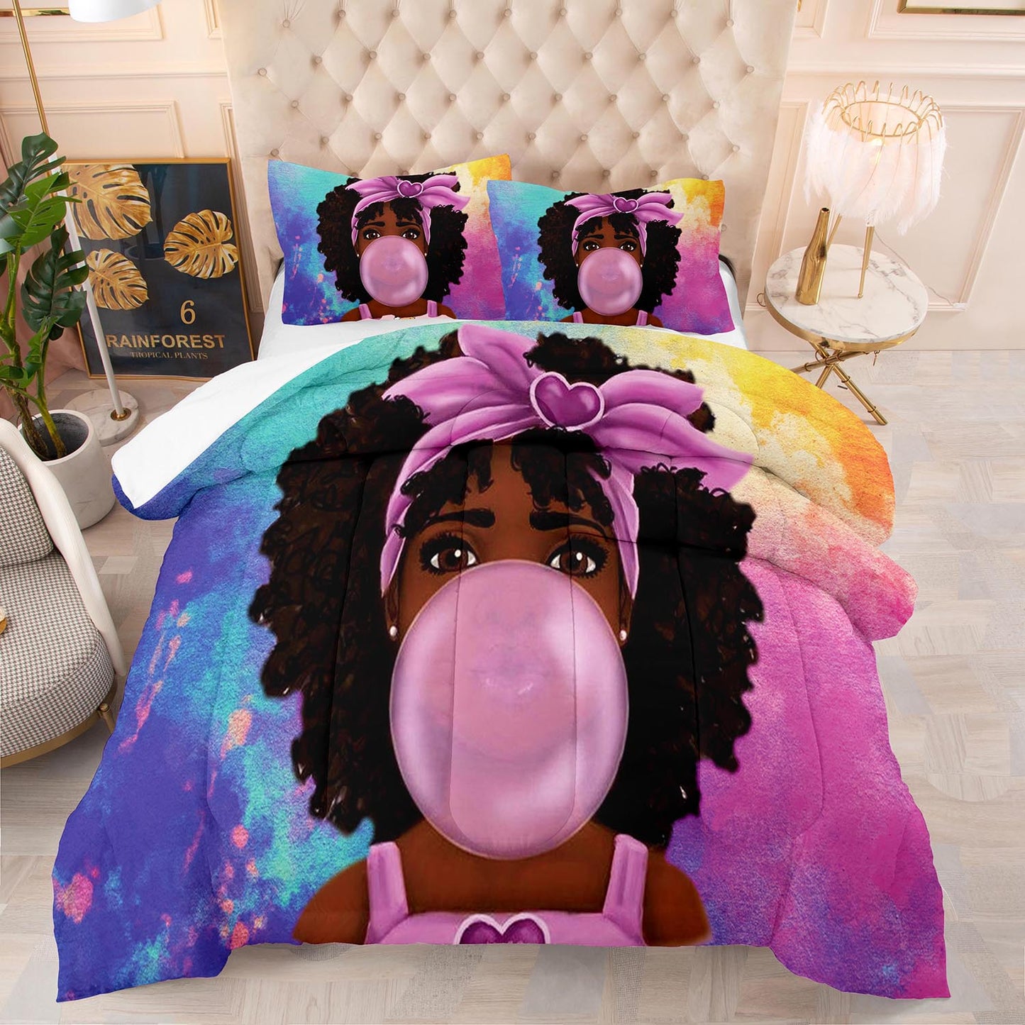 3D comforter and bedsheet set little black girl blowing bubble gum
