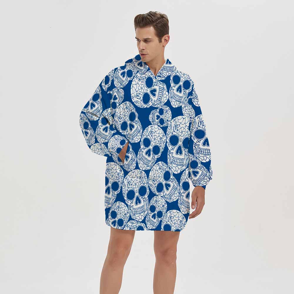 3d winter homewear blue skull printing blanket hoodie