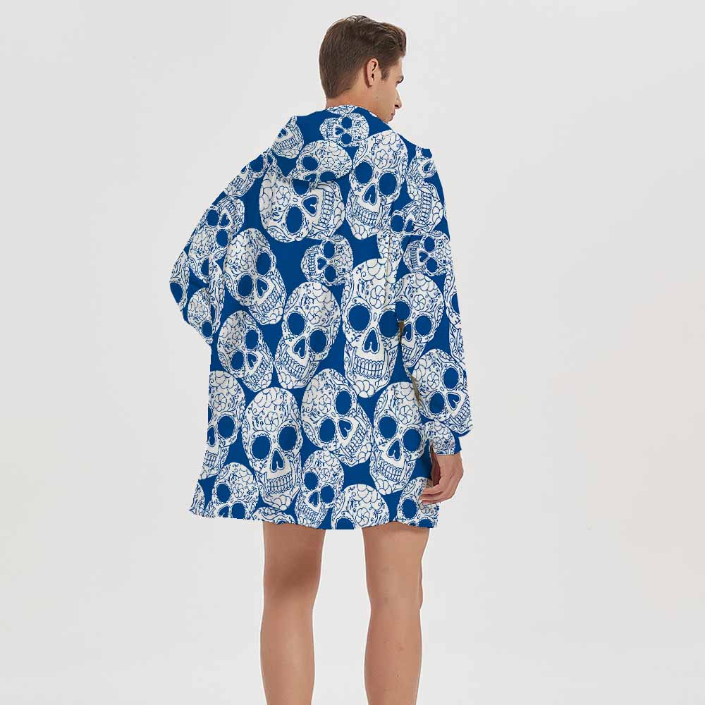 3d winter homewear blue skull printing blanket hoodie