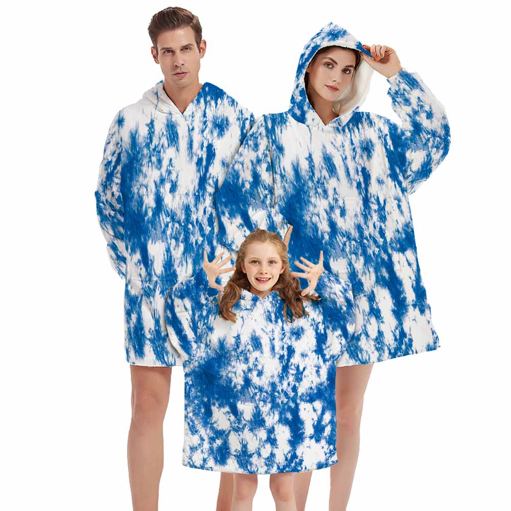 3d tie dye homewear blanket hoodie blue and white for kids