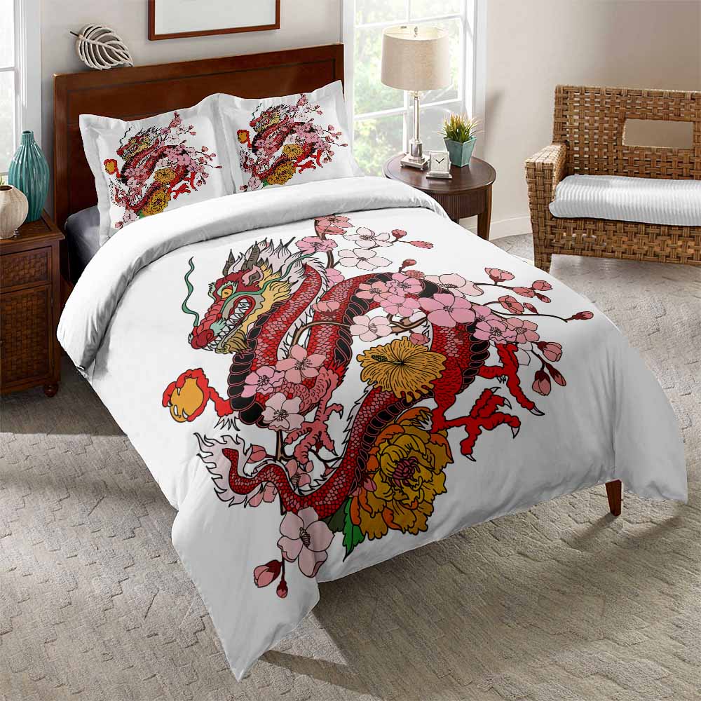 Chinese flower dragon duvet cover set