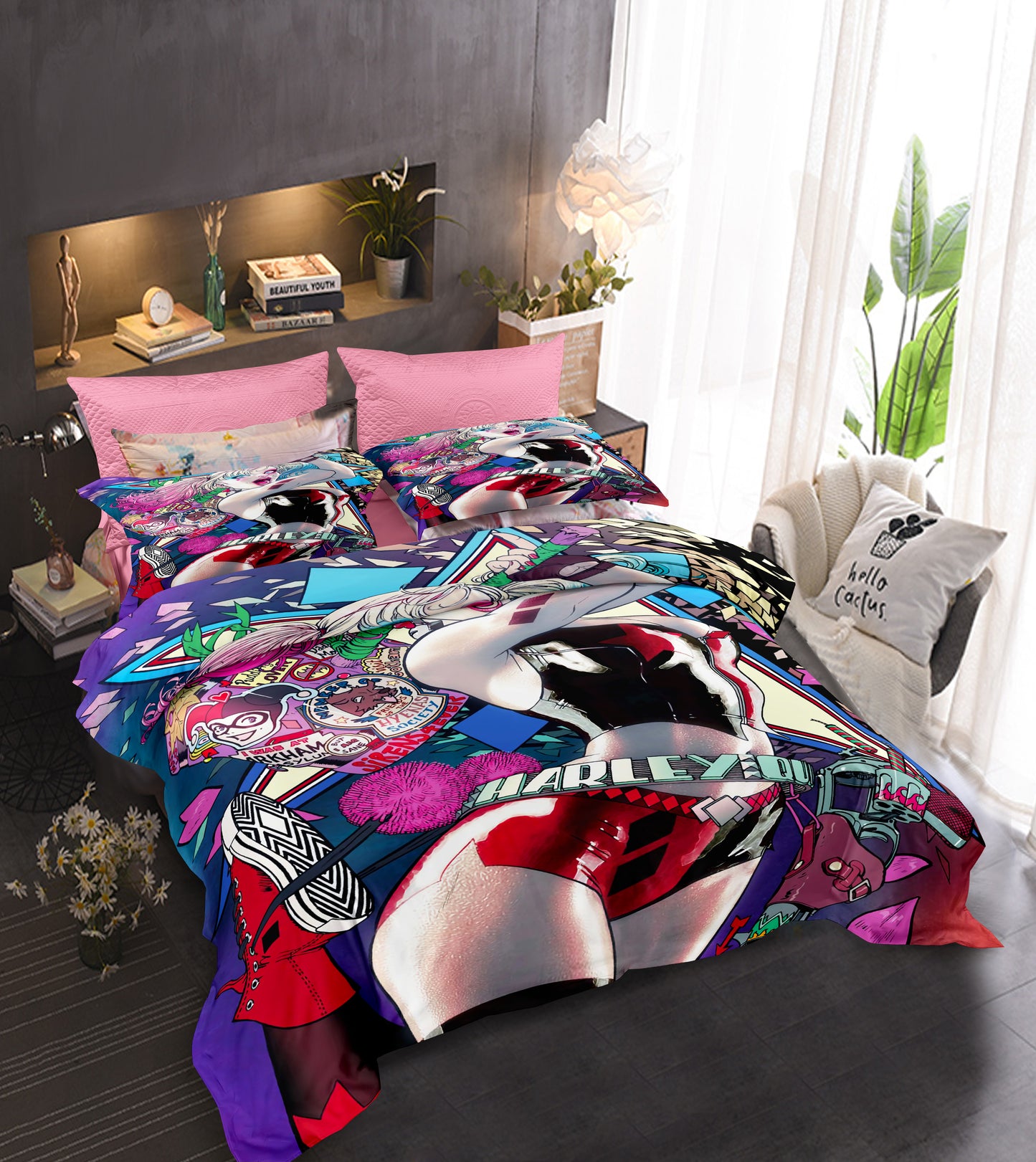 Cartoon Villain Duvet Cover - Harley Quinn Smile Pattern Full Bed Set
