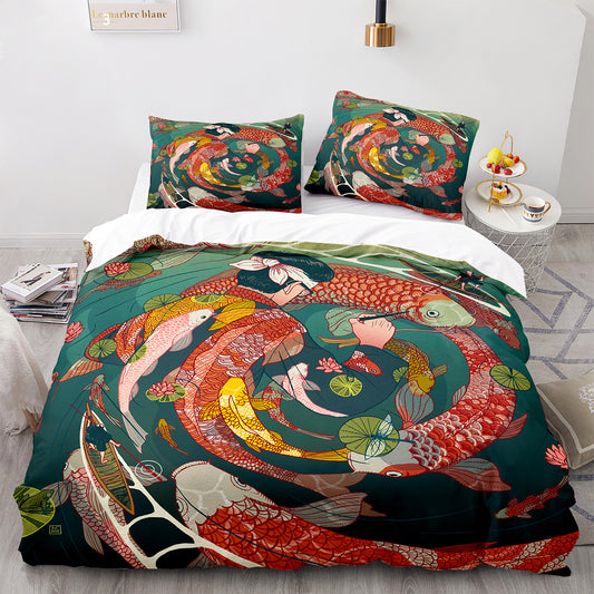 Golden Koi Fish Ukiyo-e Comforter Set - Fade-Resistant Printing