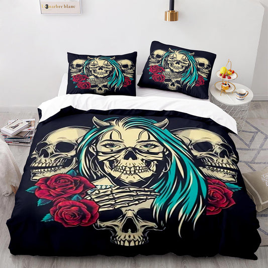 Beauty & Bones Bedding Set - Skull with Blood Roses 4PC Gothic Floral Duvet Cover