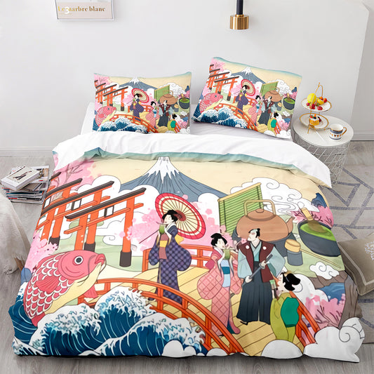 Edo Period Floral Kimono Pattern Duvet Cover Set with Pillowcases