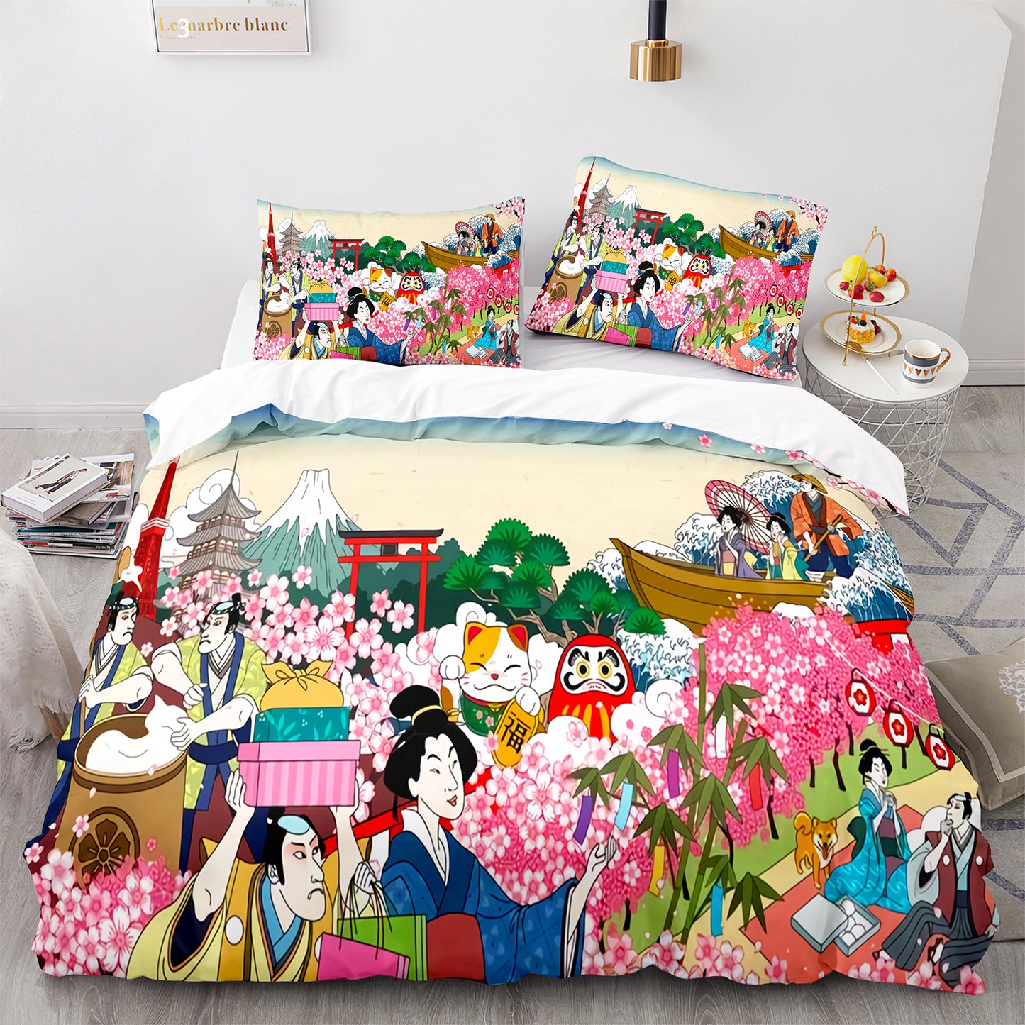 Ukiyo-e Cherry Blossom Luxury 4-Piece Bedding Set - 100% Cotton Japanese Art