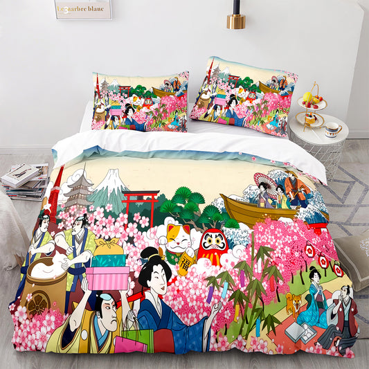 Ukiyo-e Cherry Blossom Luxury 4-Piece Bedding Set - 100% Cotton Japanese Art