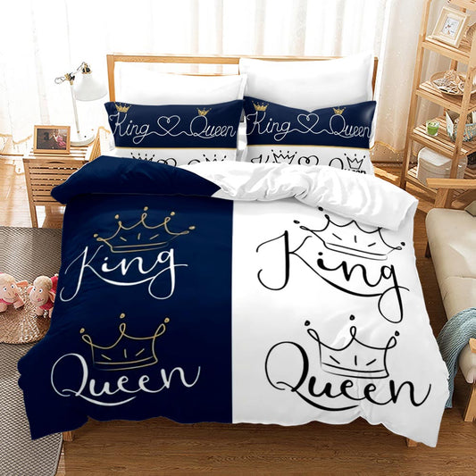3D-Bettlaken-Set für süßes Paar König und Königin 