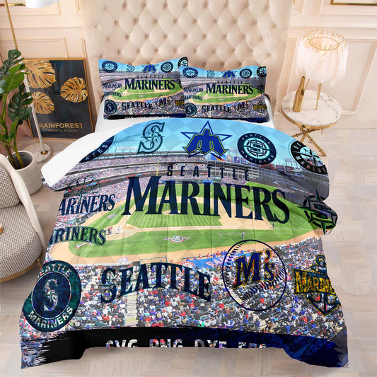 Seattle Mariners Logos Comforter And Bed Sheet Set