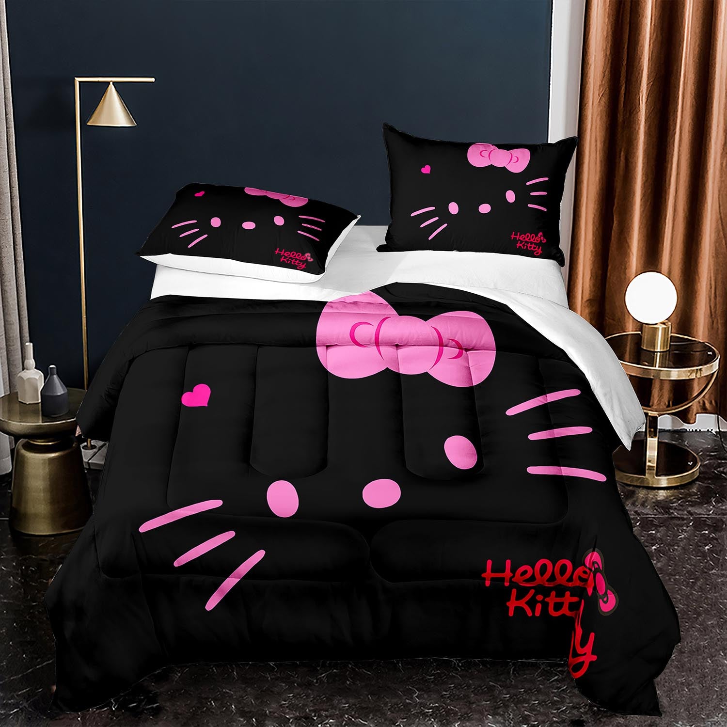 Black and pink hello kitty face twin comforter set for girls – Rockard Home