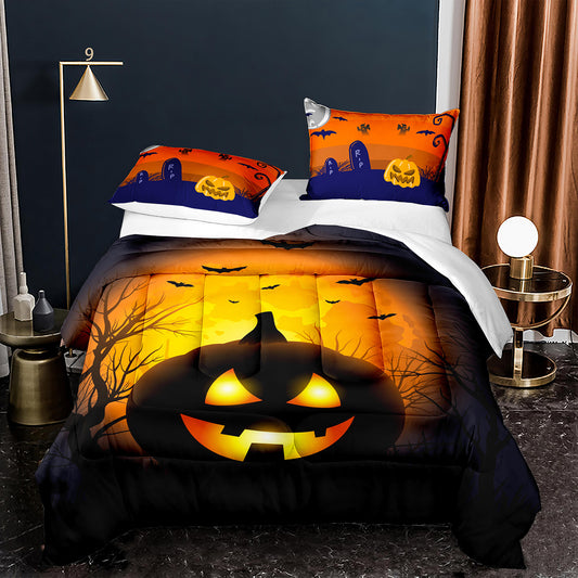 3D Halloween Pumpkin Lantern Full Size 4pcs Comforter Set