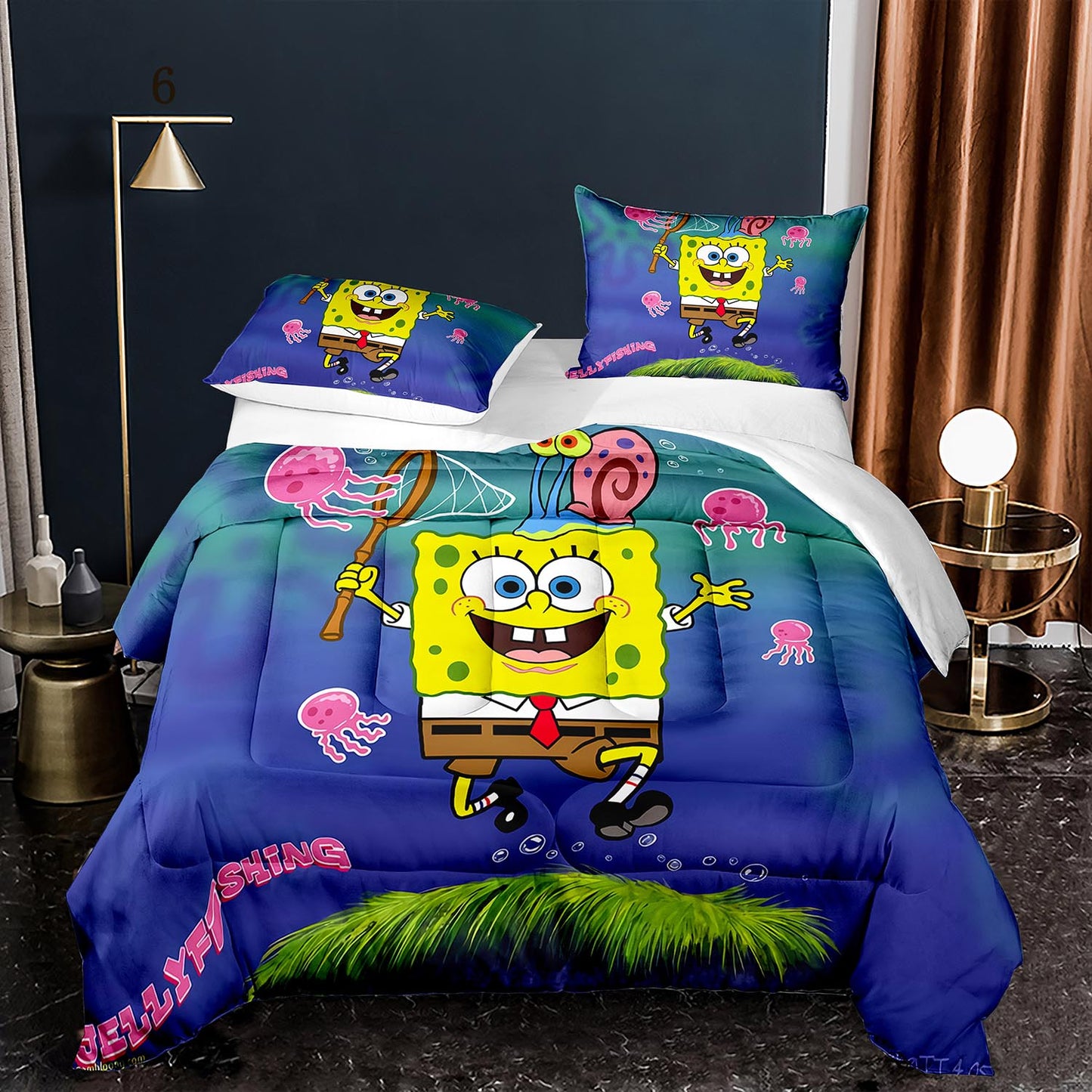 3D-Bettwäsche-Set mit Steppdecke SpongeBob Schwammkopf Qualle 