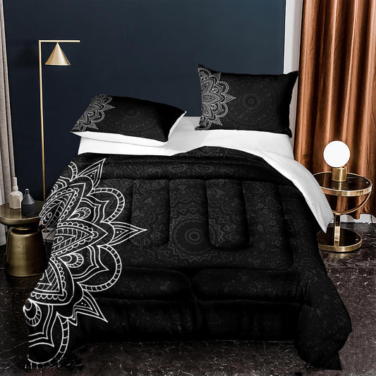 Mandala Style 4pcs Comforter Set Bedding Set Black