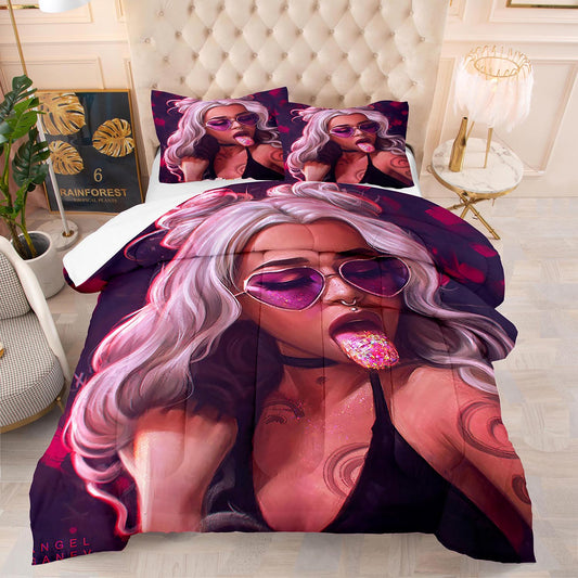 3D comforter and bedsheet set pink hair American black girl