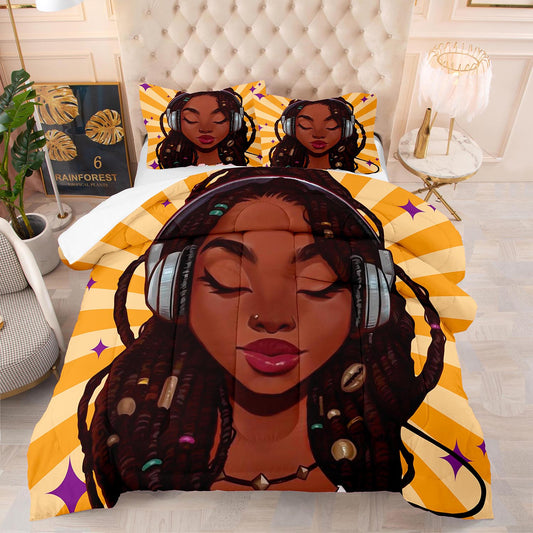 3D full size comforter set black girl wearing earphone