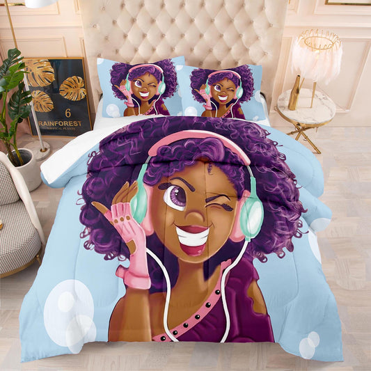 Purple hair black girl comforter and bedsheet set for girls