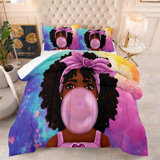 3D comforter and bedsheet set little black girl blowing bubble gum