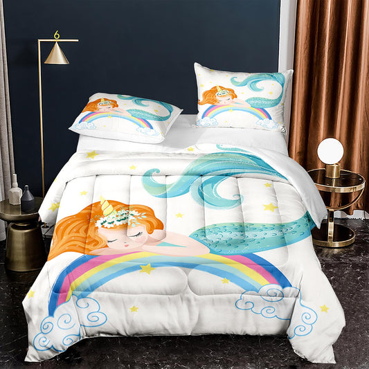 3D cotton bedding set sleeping mermaid on the rainbow