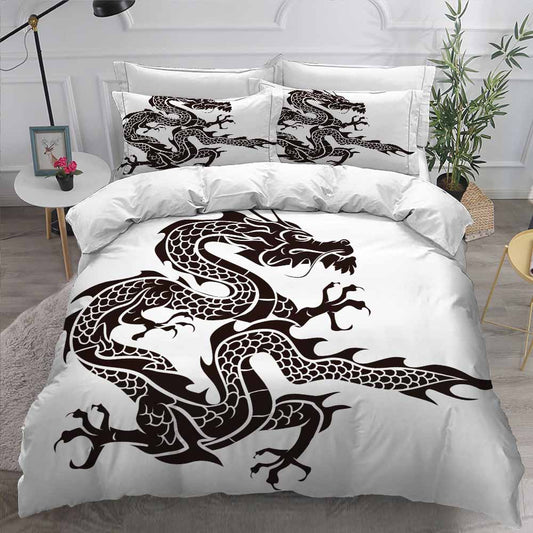 Schwarz-weißes Bettbezug-Set mit chinesischem Drachen