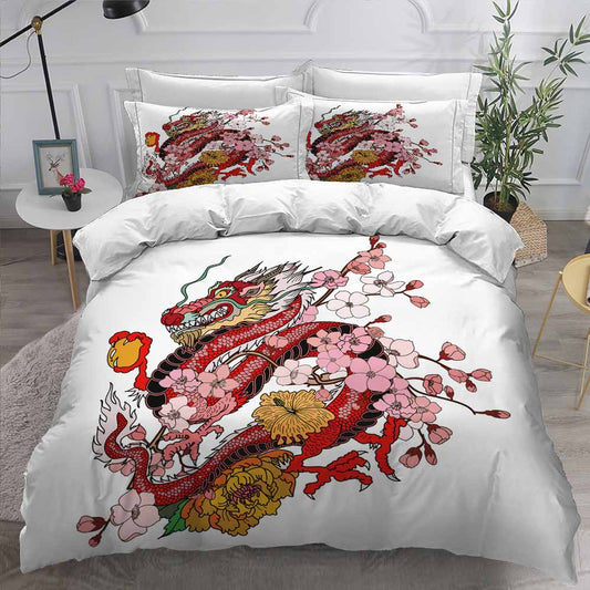 Chinese flower dragon duvet cover set